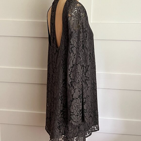 Charcoal Gray Lace Cocktail Dress Size XS, Low Back, Scoop Neck, Bell Sleeve - Picture 2 of 10